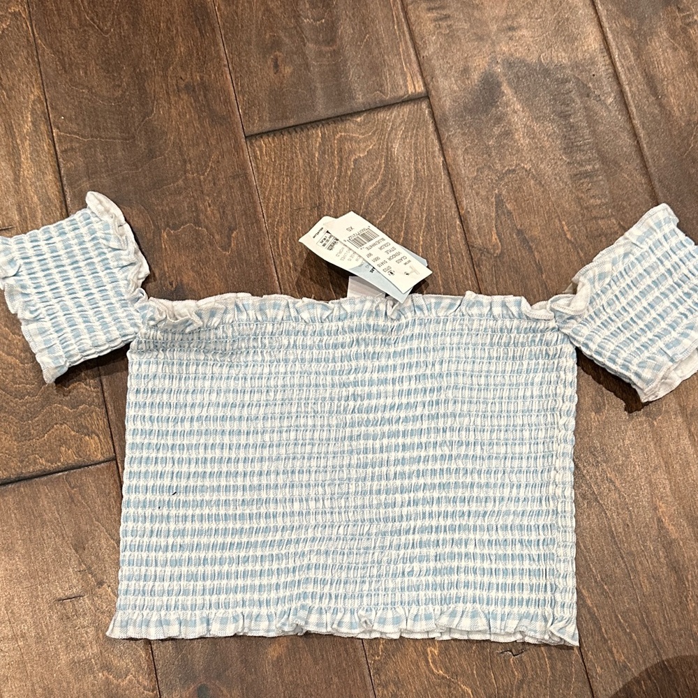 Me to We Smocked Off-Shoulder Crop Top in Light Blue